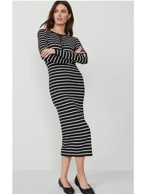 Ann Taylor Weekend Black White Striped Henley Long Sleeve Maxi Column Dress NWT